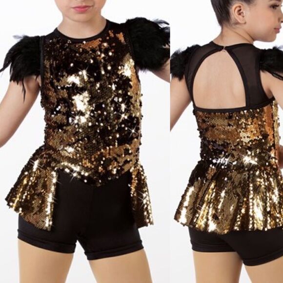 WEISSMAN Dance Costume sassy sequin Montero 14333 black gold feathers -MC 10/12 - Picture 1 of 9